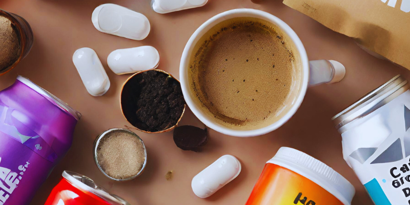 Photo of scattered items including caffeine pills, energy drinks, coffee, and diet pills, Caffeine, Caffeine toxicity in pets, Caffeine sources, Animal Emergency & Referral Center of Minnesota