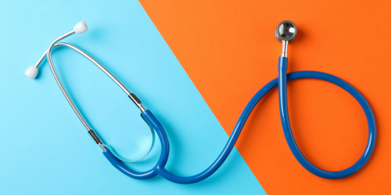 A blue stethoscope on an orange and blue background. Animal Emergency & Referral Center of Minnesota.