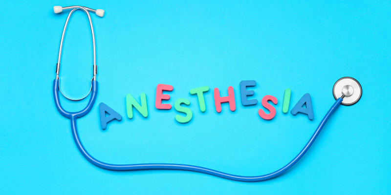 blue background with letters that spell out "anesthesia" above a blue stethoscope. Animal Emergency & Referral Center of Minnesota.