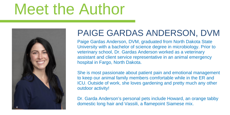 Paige Gardas Anderson, DVM photo and graphic that reads "Meet the Author" with the following text: PAIGE GARDAS ANDERSON, DVM Paige Gardas Anderson, DVM, graduated from North Dakota State University with a bachelor of science degree in microbiology. Prior to veterinary school, Dr. Gardas Anderson worked as a veterinary assistant and client service representative in an animal emergency hospital in Fargo, North Dakota. She is most passionate about patient pain and emotional management to keep our animal family members comfortable while in the ER and ICU. Outside of work, she loves gardening and pretty much any other outdoor activity! Dr. Garda Anderson’s personal pets include Howard, an orange tabby domestic long hair and Vassili, a flamepoint Siamese mix.