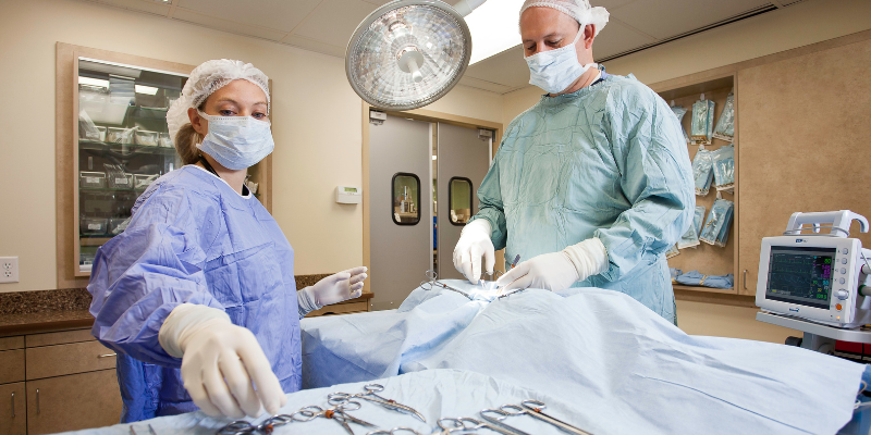 Two veterinary professionals standing on either side of a surgery table in a surgery suite.