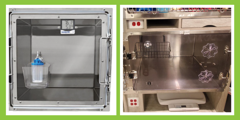 Two photos side by side of two different types of oxygen kennels at Animal Emergency & Referral Center of Minnesota.