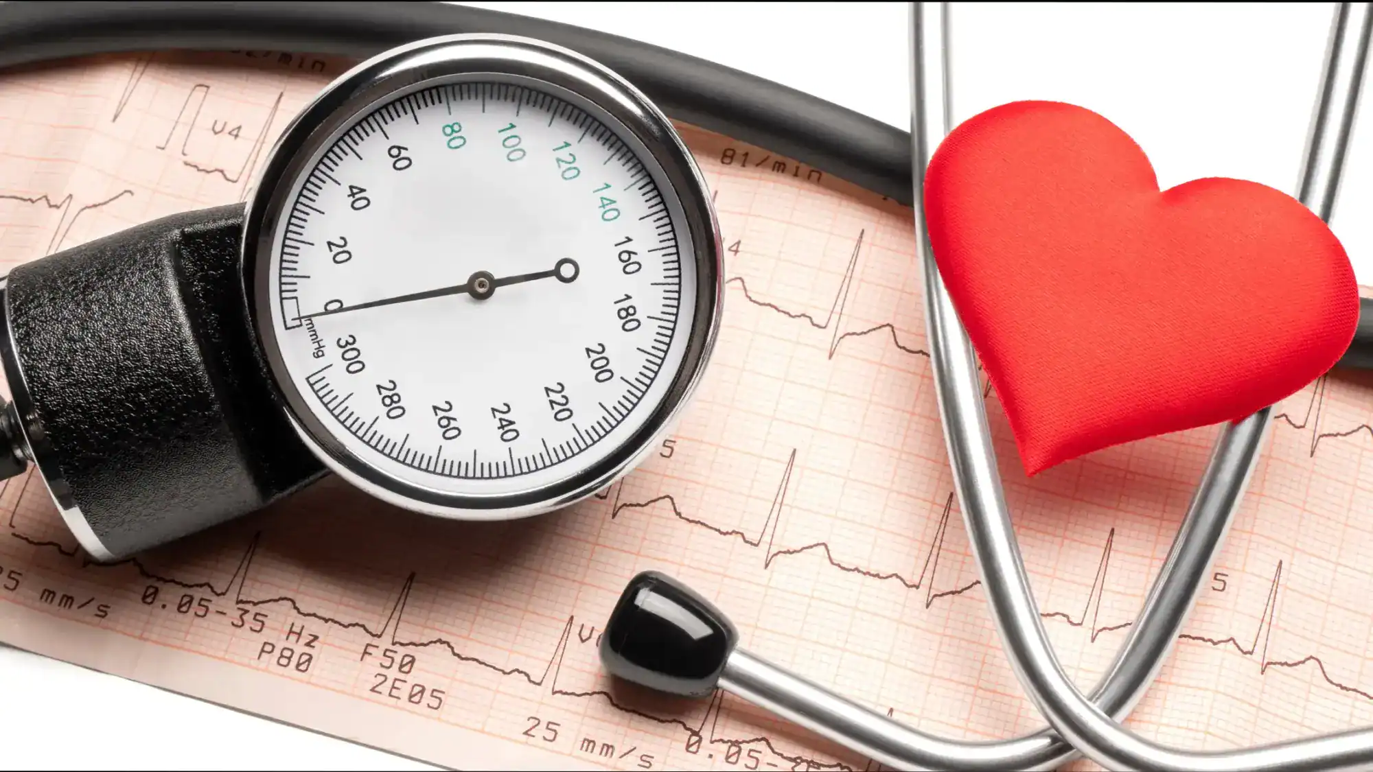 A blood pressure monitor, stethoscope, and heart-shaped figure over a printed ECF results report.