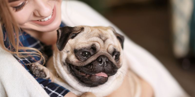A woman hugging her pug dog.