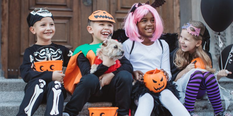 A group of kids in costumes sitting on a front stoop with a dog.