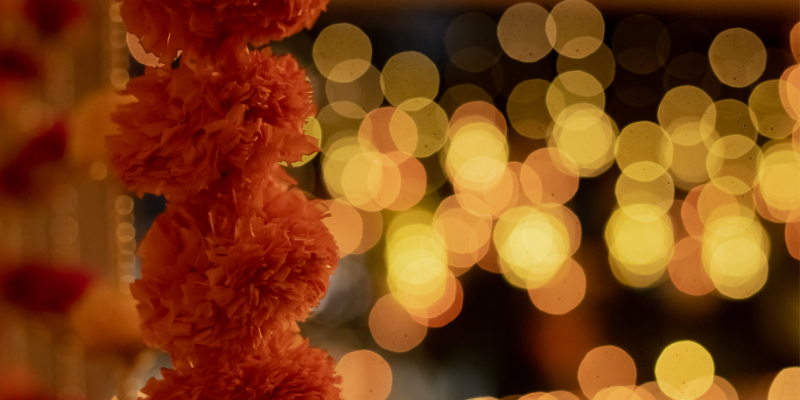 Marigolds hanging up with a background of bright lights.