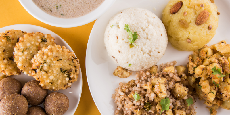 A tablespread of Navratri dishes. 