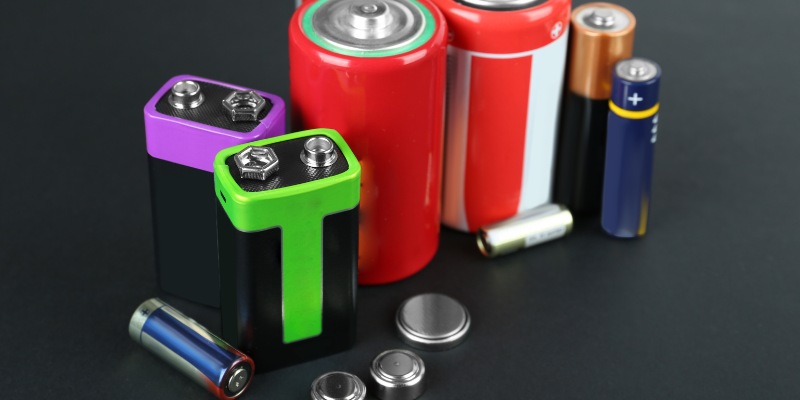 An assortment of different types of batteries on a dark background.