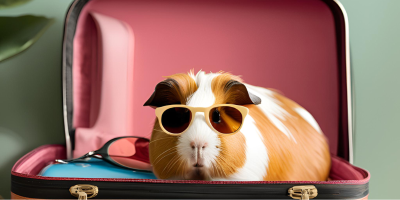 A guinea pig wearing sunglasses sitting on top of a packed pink suitcase.