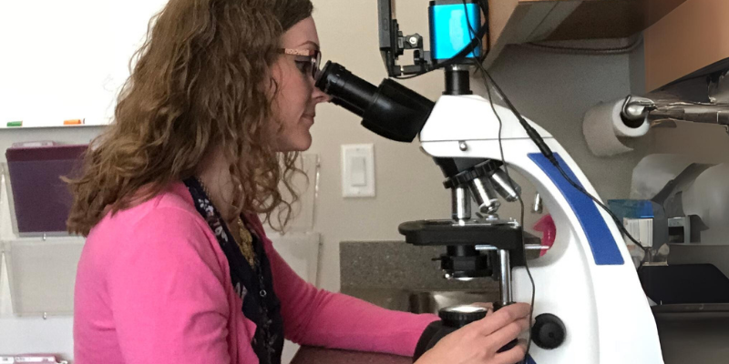 Dr. Keller, a board-certified veterinary oncologist at Animal Emergency & Referral Center of Minnesota, studying a sample through a microscope.