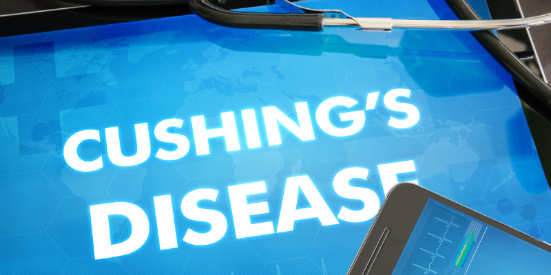 A blue background with the words "Cushing's Disease" in white with a stethoscope wrapped around the words.