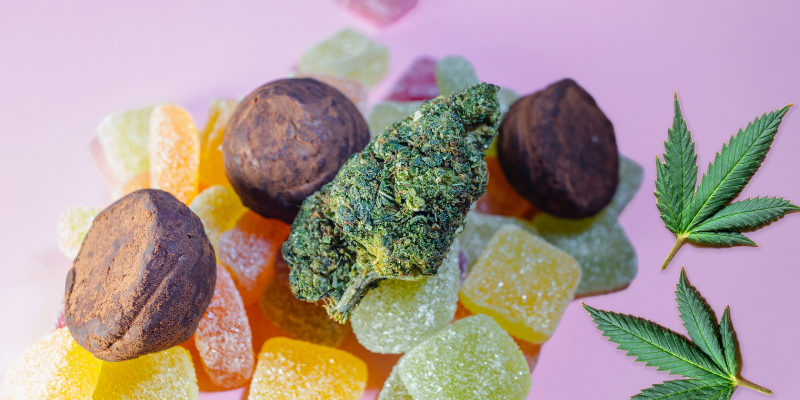 A variety of THC products including gummies, brownies, and more in front of a purple background.