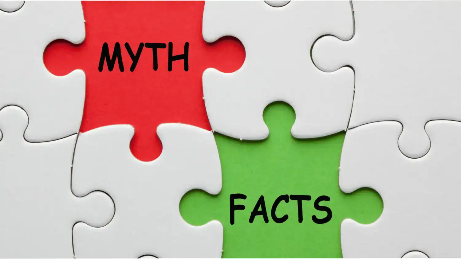 A group of puzzle pieces placed together. One puzzle piece is red with the word "Myth" and another puzzle piece is green with the word "Facts".